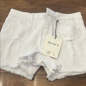 White Distressed Jean Shorts with Frayed Hem